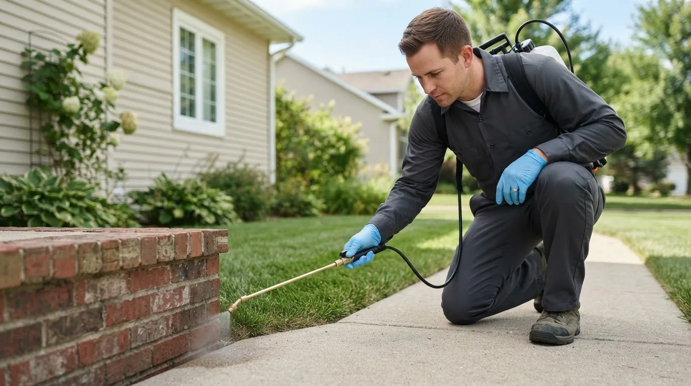 Pest control technician treating a home near West Falls, NY