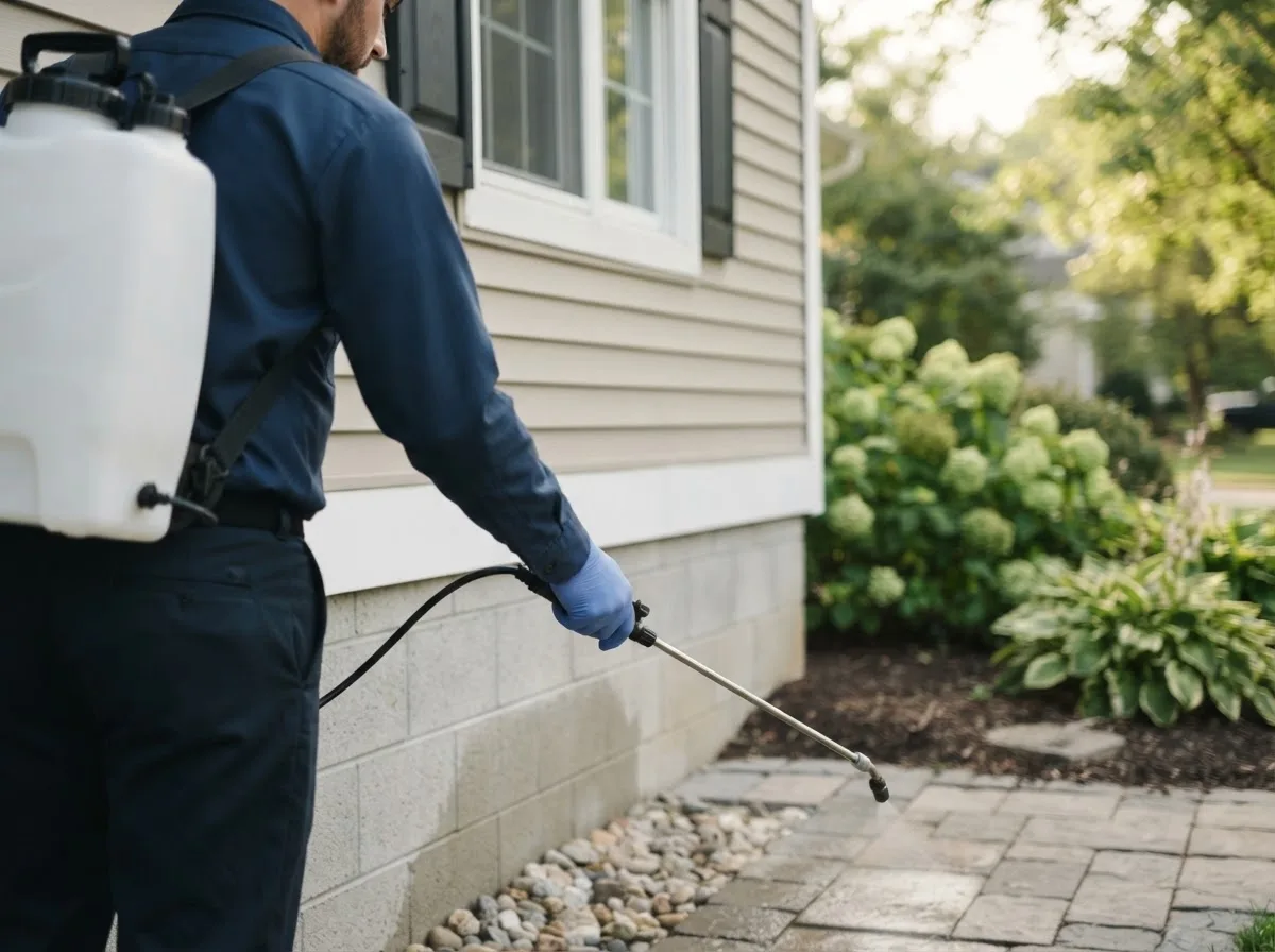 Pest control technician inspecting a home in West Falls, NY